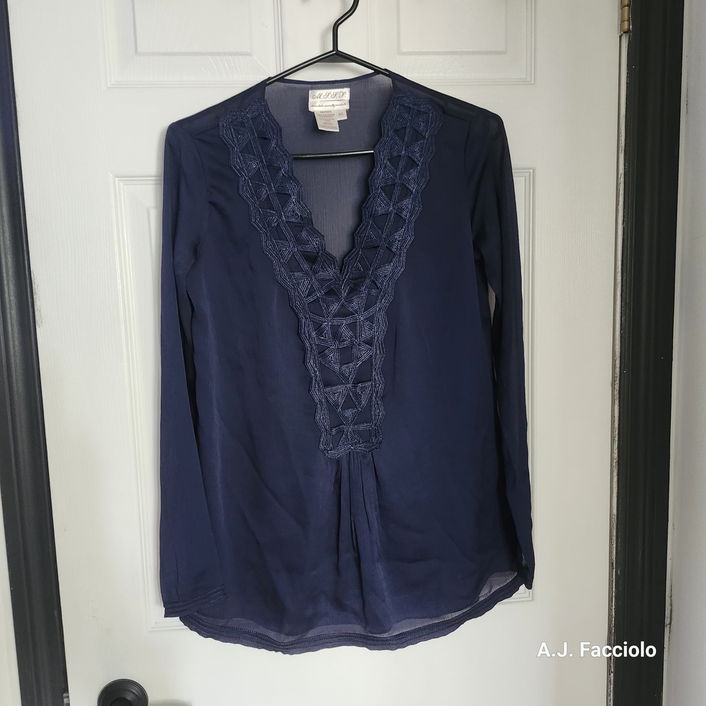 Max Studio Navy Lace Trim Blouse